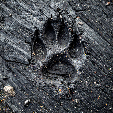 A single, clear paw print is pressed into the dark, cracked earth, a silent testament to a wild creature's journey.の素材