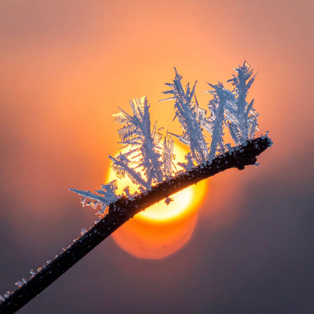 A macro view captures the intricate detail of hoarfrost on a twig, silhouetted against the soft, glowing bokeh of the rising sun.の素材