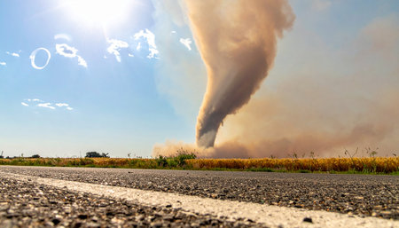 A massive tornado funnel cloud touches down in a rural landscape, kicking up dust and debris near an empty highway.の素材