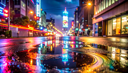 After a downpour, the city comes alive with a dazzling display of neon brilliance.の素材