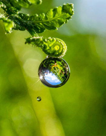 A single, perfect sphere of water clings delicately to a vibrant green fern frond. Within its tiny lens, the world is captured and invertedの素材