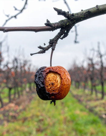 A single, forgotten apple clings to a bare branch, a poignant symbol of the end of the harvest season.の素材