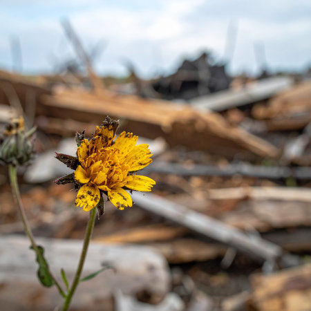 A single, vibrant yellow wildflower bravely pushes through a chaotic, blurred landscape of weathered wood and debris.の素材