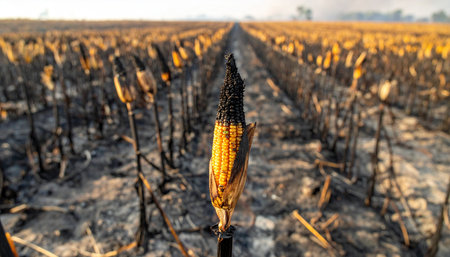 A vast cornfield lies in ruins, its stalks blackened skeletons against the horizon. In the wake of a devastating fire, the scorched earth tells a story of agricultural loss and environmental crisis.の素材