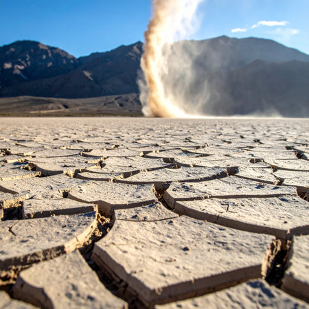 A powerful dust devil, a swirling column of sand and energy, forms on the sun-scorched floor of a dry lakebed.の素材