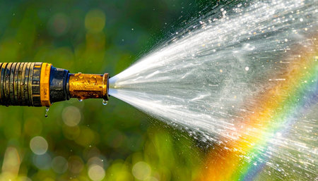 On a bright, sunny summer day, a garden hose sprays a refreshing jet of water across a lush green lawn.の素材