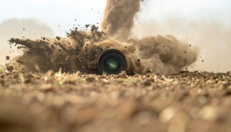 Close-up of a dramatic impact as a shockwave of soil and gravel engulfs a camera lens. The shot conveys concepts of extreme conditions, product testing, survival, and the raw power of an explosion.の素材