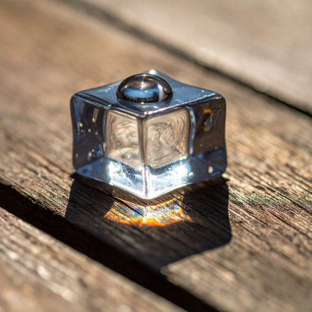Under the warmth of the afternoon sun, a single, crystal-clear ice cube begins its slow transformation. A perfect, glistening droplet of water forms on its surface, a tiny lens capturing the light.の素材