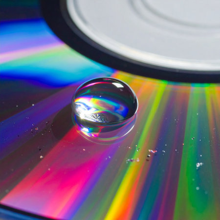 A single, perfect droplet of water rests on the iridescent surface of a compact disc, capturing and refracting light into a vibrant spectrum of colors.の素材