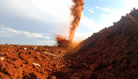 A powerful dust devil, a spinning column of wind and red soil, erupts from a dry, plowed field under a vast sky.の素材