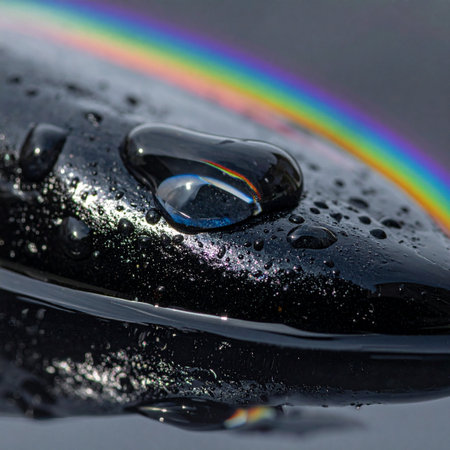 A perfect, glistening water droplet rests on a dark, smooth surface, capturing a vibrant rainbow within its tiny sphere.の素材