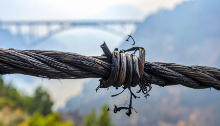 A detailed close-up shot focuses on the weathered splice of a thick, twisted steel cable, symbolizing strength and resilience.の素材