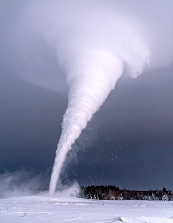 A rare and powerful snow tornado, or steam devil, forms in the frigid air, its swirling vortex rising dramatically from a vast, frozen landscape.の素材