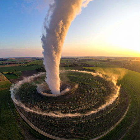 A massive, swirling vortex of smoke dominates a rural landscape at sunset, creating a scene of both terrifying power and surreal beauty.の素材
