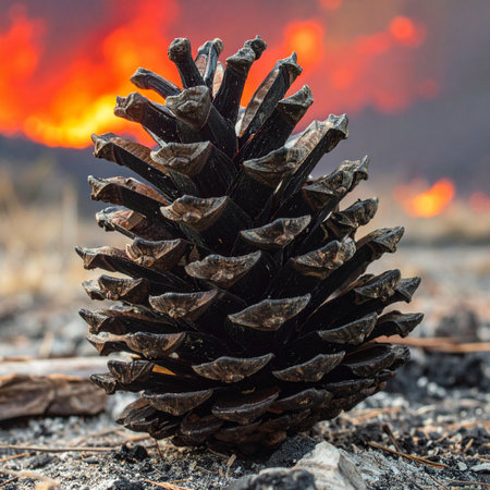 A single pinecone stands defiantly on the ashen ground, a symbol of survival and rebirth against the intense, fiery backdrop of a forest fire.の素材
