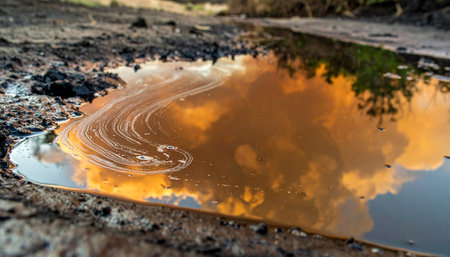 A vibrant sunset sky, with fiery oranges and soft clouds, is captured in the unexpected mirror of a muddy puddle.の素材