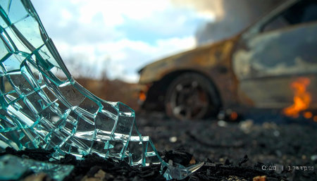 In the immediate aftermath of a serious traffic collision, sharp shards of a shattered windshield frame the tragic scene.の素材