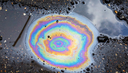 A mesmerizing swirl of iridescent colors forms where oil has spilled on wet asphalt.の素材