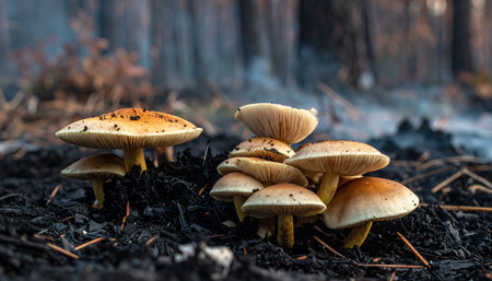 In the quiet aftermath of a forest fire, a cluster of wild mushrooms emerges from the charred earth.の素材