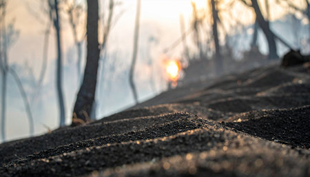 The ground, cracked and scorched, bears the scars of a recent wildfire.の素材