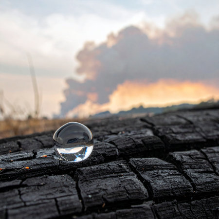 A single, pristine drop of water rests on the cracked, charred surface of burnt wood, a symbol of purity, hope, and potential for new life emerging from the ashes.の素材