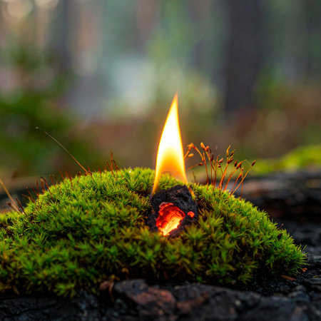 A single, delicate flame flickers to life atop a vibrant patch of green moss in a tranquil forest.の素材