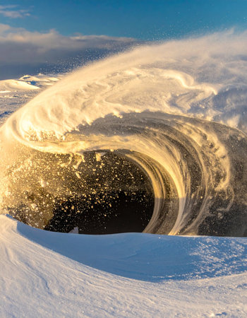 A powerful ocean wave, illuminated by the golden light of a low sun, curls and breaks against a pristine, snow-covered shore.の素材