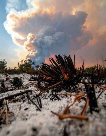A low-angle view captures the stark reality of a wildfire's aftermath. In the foreground, the ground is blanketed in white ash and the charred remains of vegetation.の素材