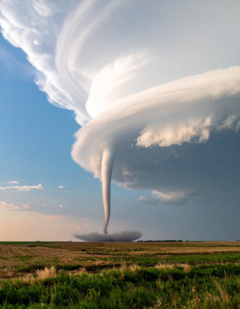 A massive supercell thunderstorm gives birth to a powerful tornado, its funnel touching down on the open plains.の素材