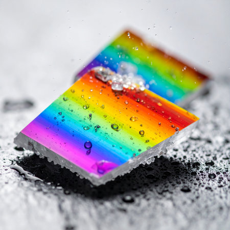 A macro view captures the vibrant play of light across a rainbow-colored surface, beaded with fresh water droplets.の素材