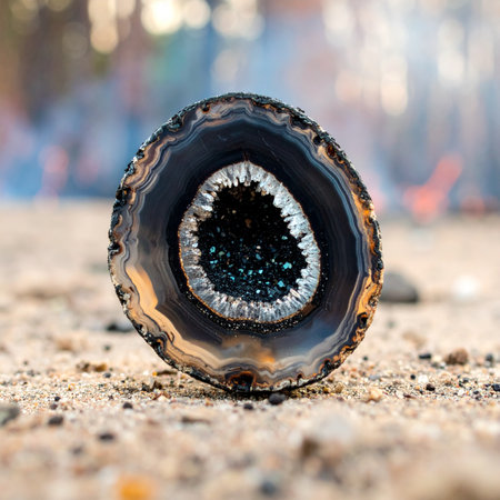A raw agate geode, sliced open to reveal a breathtaking interior of glistening druzy crystals.の素材