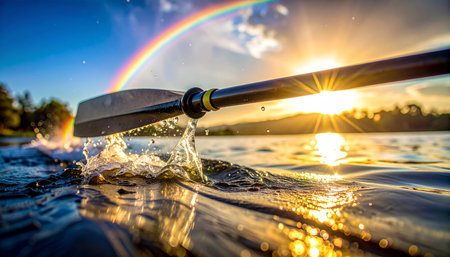 A perfect moment on the water as a paddle dips into the calm lake, creating a gentle splash.の素材