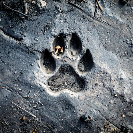 A close-up of a canine paw print pressed into wet clay. The detailed impression captures a moment in time, a clue left by an unseen animal on its path, hinting at adventure and the untamed wild.の素材