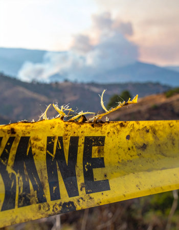 A close-up of weathered yellow caution tape marks a boundary in the foreground.の素材