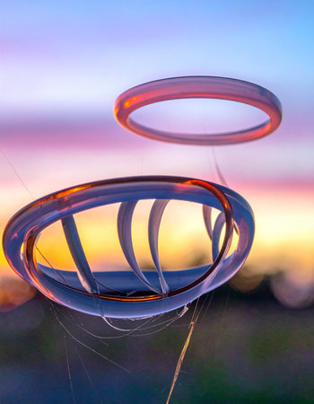 Two mysterious, transparent halos float weightlessly against the soft, pastel colors of a dreamy sunset.の素材