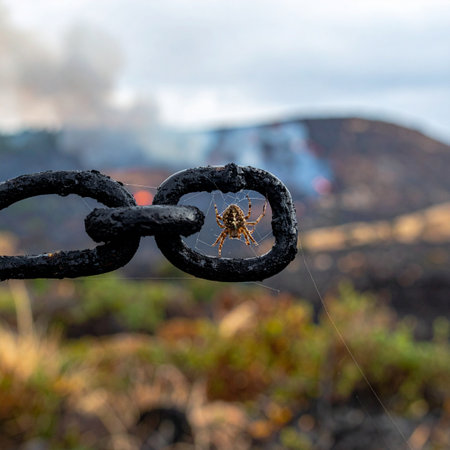 In a powerful display of nature's tenacity, a small spider sits in its web, perfectly framed by a weathered, rusty chain link.の素材