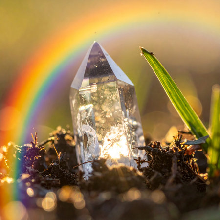 A clear quartz crystal point emerges from the earth, bathed in the warm glow of sunlight.の素材