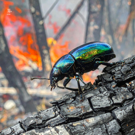 In the devastating aftermath of a forest fire, a single iridescent beetle emerges, its metallic shell a vibrant symbol of life against the charred wood.の素材
