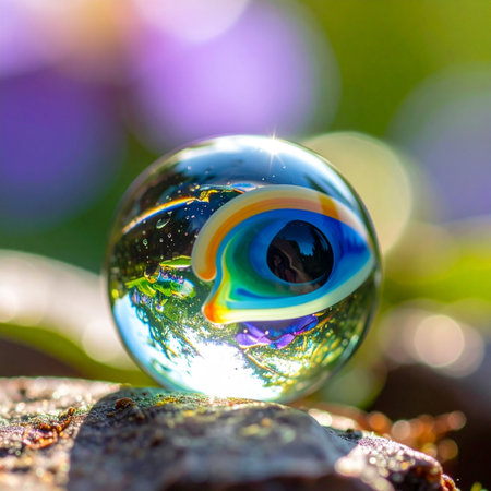 A single, colorful glass marble, featuring a mesmerizing eye-like swirl, rests in a sunlit garden.の素材