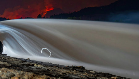 A powerful river surges through a dark landscape, its motion captured in a smooth, ethereal blur by a long exposure.の素材