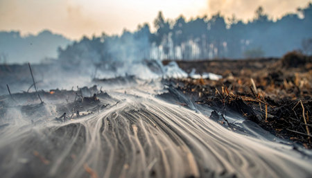 Smoke gently rises from the scorched earth, a somber reminder of the wildfire's destructive power.の素材
