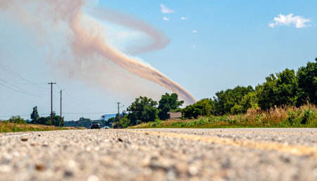 From a low angle on a deserted country road, a massive and destructive tornado funnel cloud descends from the sky.の素材