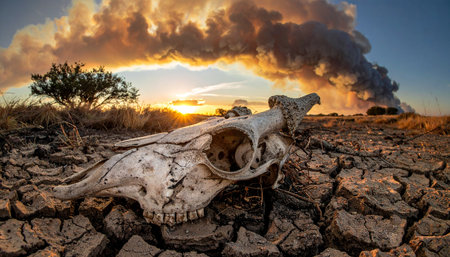 An animal skull rests on parched, cracked earth, a stark symbol of life lost to extreme drought. In the distance, a massive wildfire rages, sending plumes of smoke into the fiery sunset sky.の素材