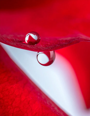 A close-up, macro view captures the pristine beauty of two perfect water droplets.の素材