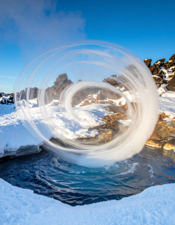 A swirling vortex of energy opens a portal, revealing a distorted and surreal view of a frozen mountain landscape.の素材