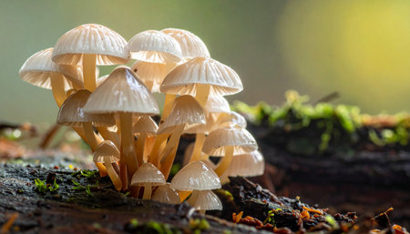 In a quiet corner of an ancient forest, a delicate cluster of mushrooms emerges from a moss-covered log.の素材