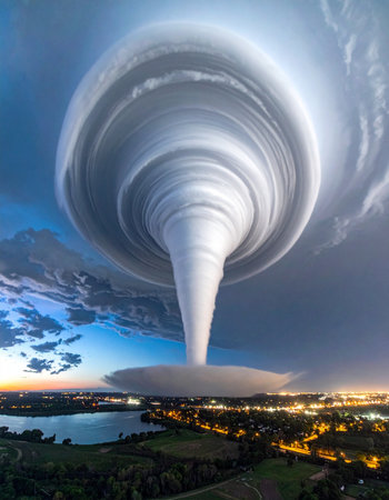 An awe-inspiring and terrifying supercell tornado forms in the sky, its massive vortex descending towards an illuminated city at dusk.の素材