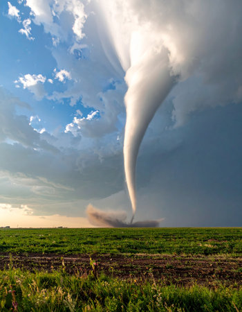 A massive supercell thunderstorm gives birth to a powerful and majestic tornado.の素材