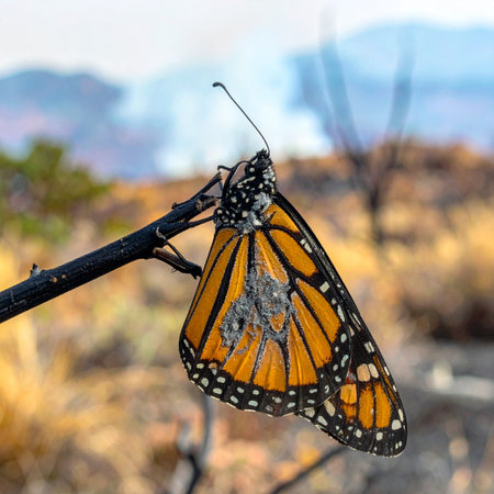 A monarch butterfly, its vibrant orange wings tattered and torn from a long migration, clings to a bare branch.の素材