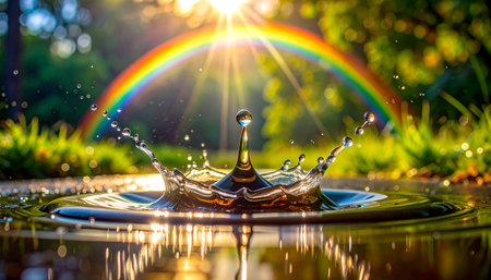 A single drop of water creates a perfect crown splash in a tranquil pond, capturing a moment of pure magic.の素材